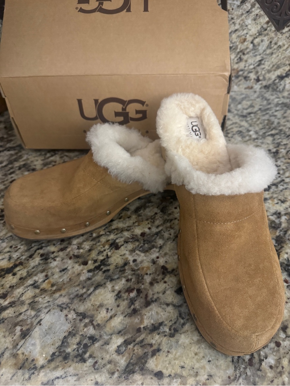 UGG Chestnut Suede Shearling-Lined Clogs VINTAGE